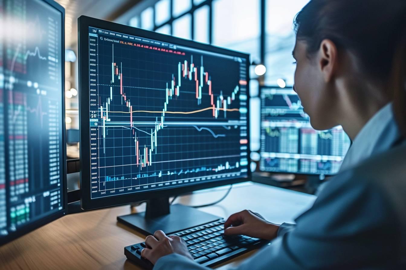 courbe de bourse : graphique boursier avec courbes et chandeliers sur un écran