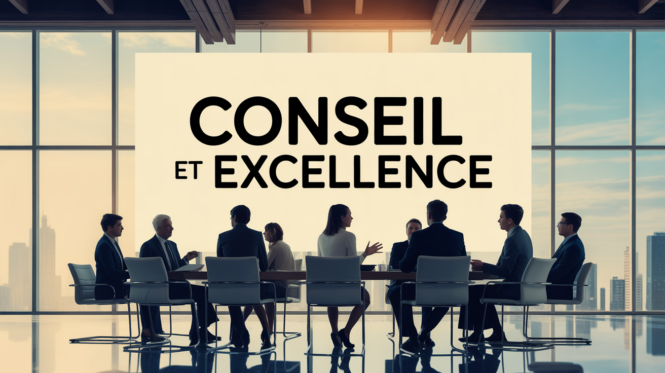 Salle réunion moderne, consultants, texte Conseil et Excellence