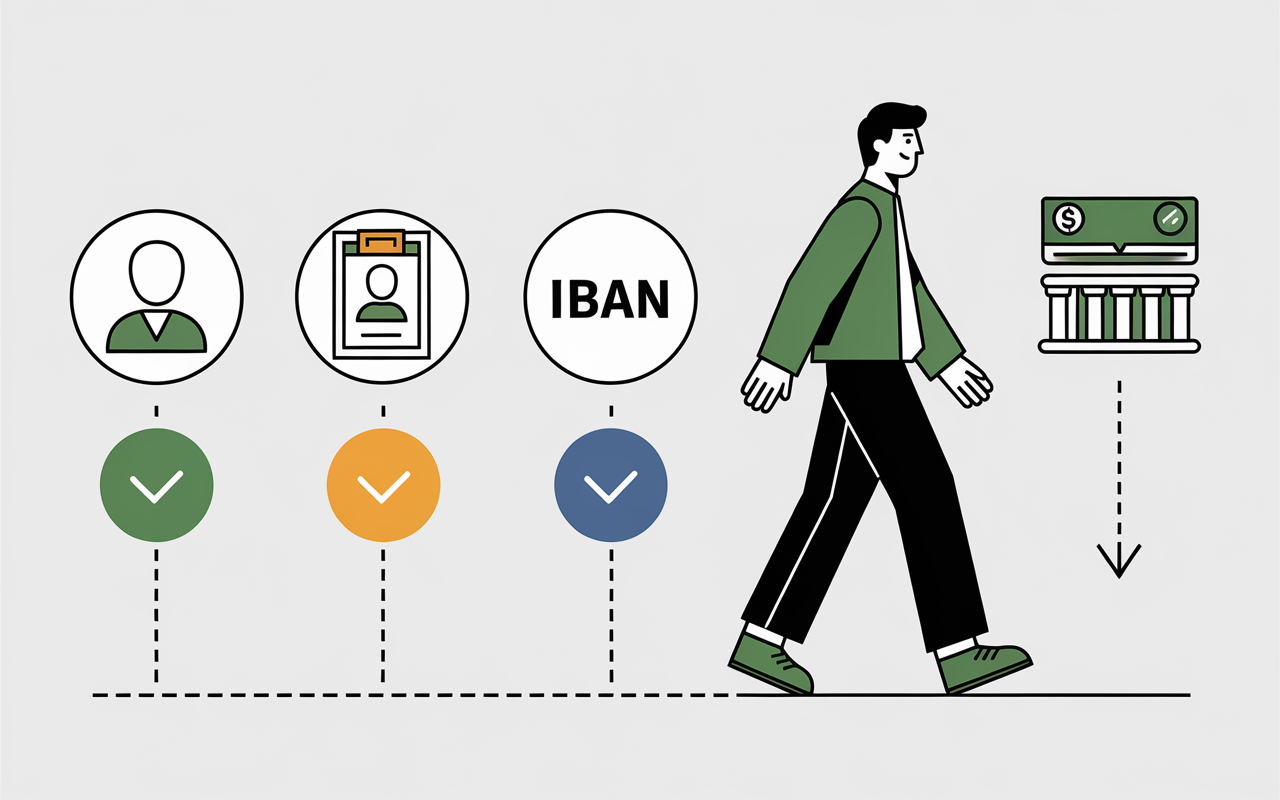 Icônes étapes virement FDJ profil IBAN validation banque