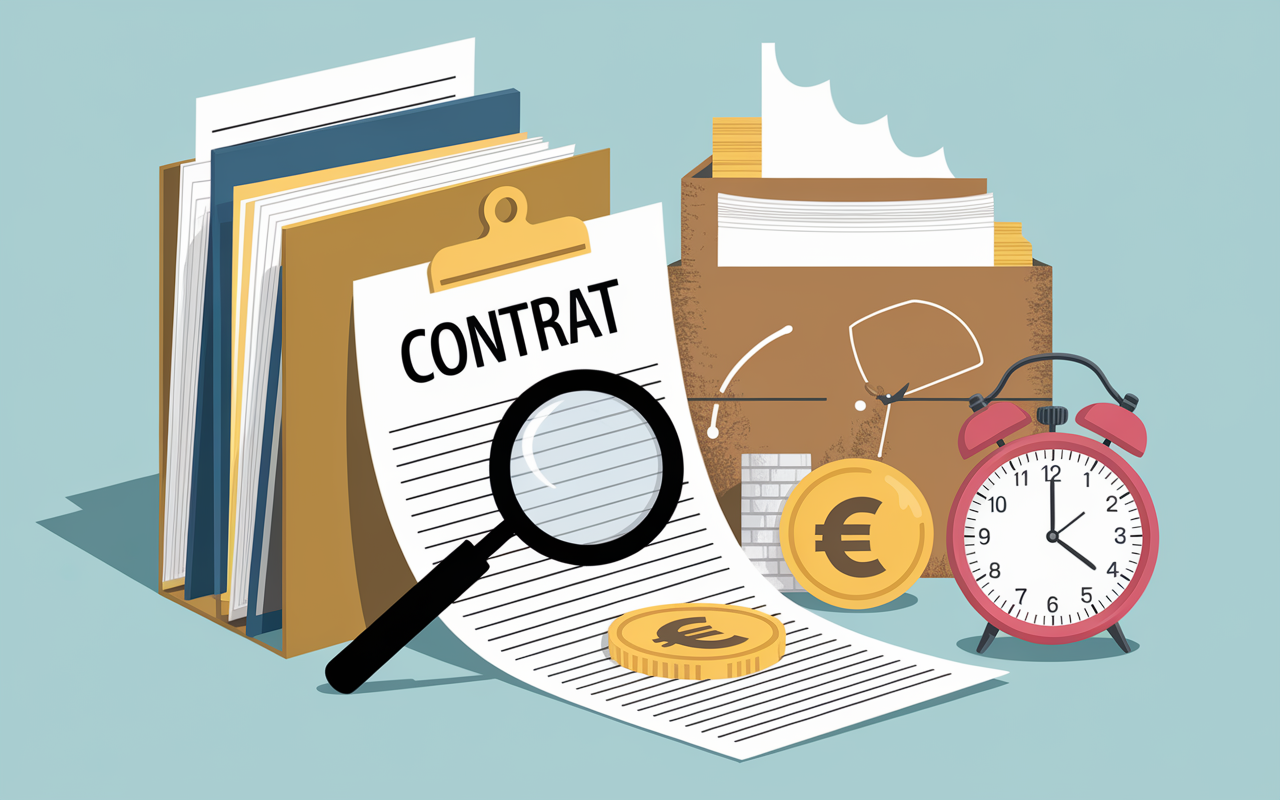 Loupe contrat, dossiers, horloge, Assurance vie Banque Postale