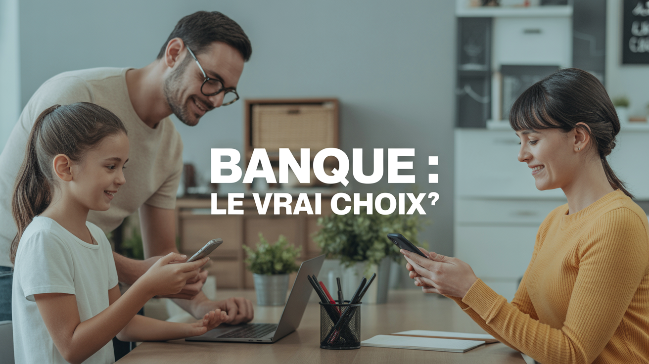 Scène banque famille agence smartphone conviviale