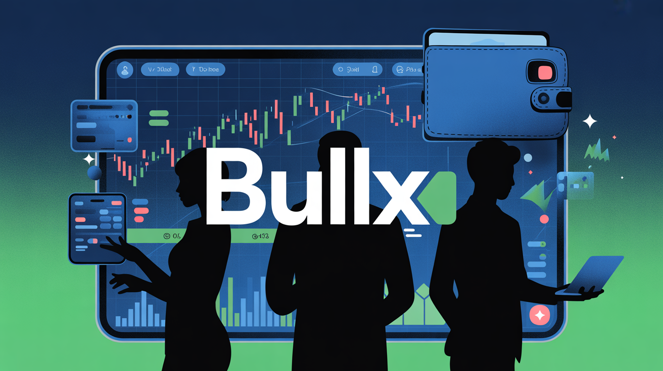 Silhouettes devant ecran BullX trading crypto wallet smartphone