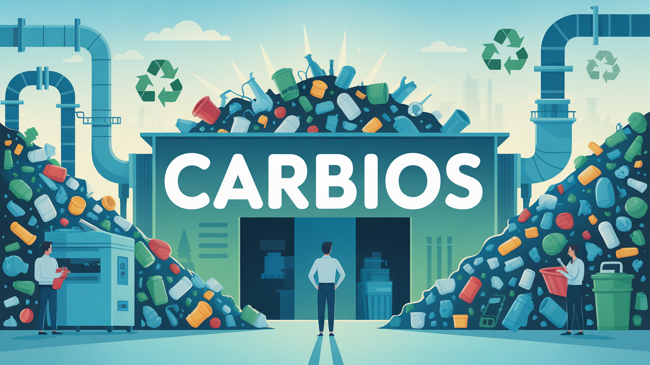 Illustration usine moderne Carbios recyclage plastique et innovation