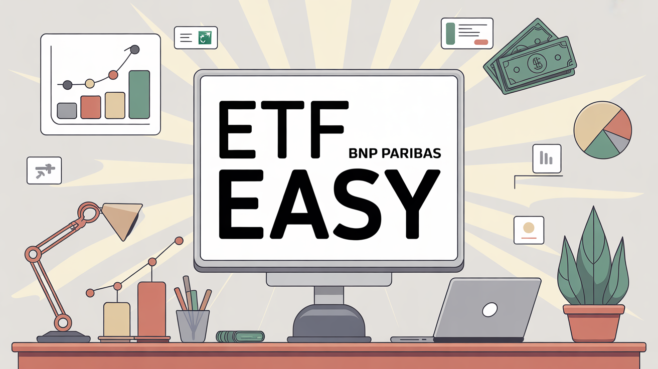 Illustration bureau moderne ETF BNP Paribas Easy laptop graphiques pie chart