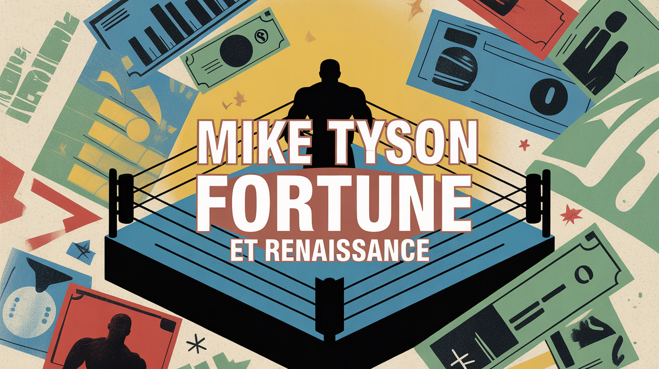 Mike Tyson sur ring, graphiques financiers et billets