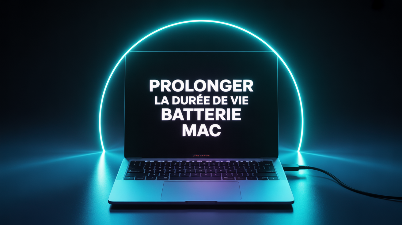 Ordinateur portable Mac Apple Silicon, ecran lumineux, titre prolonger la duree de vie batterie