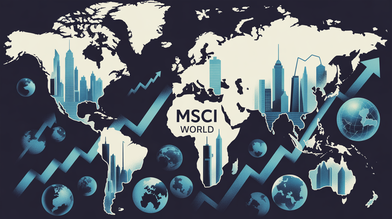 Carte stylisée ETF Amundi MSCI World, buildings, graphiques, bulles d’investissement