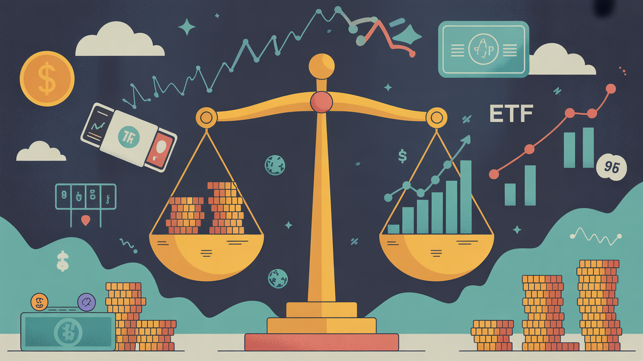 Illustration balance or ETF avec lingots, pieces et graphiques financiers