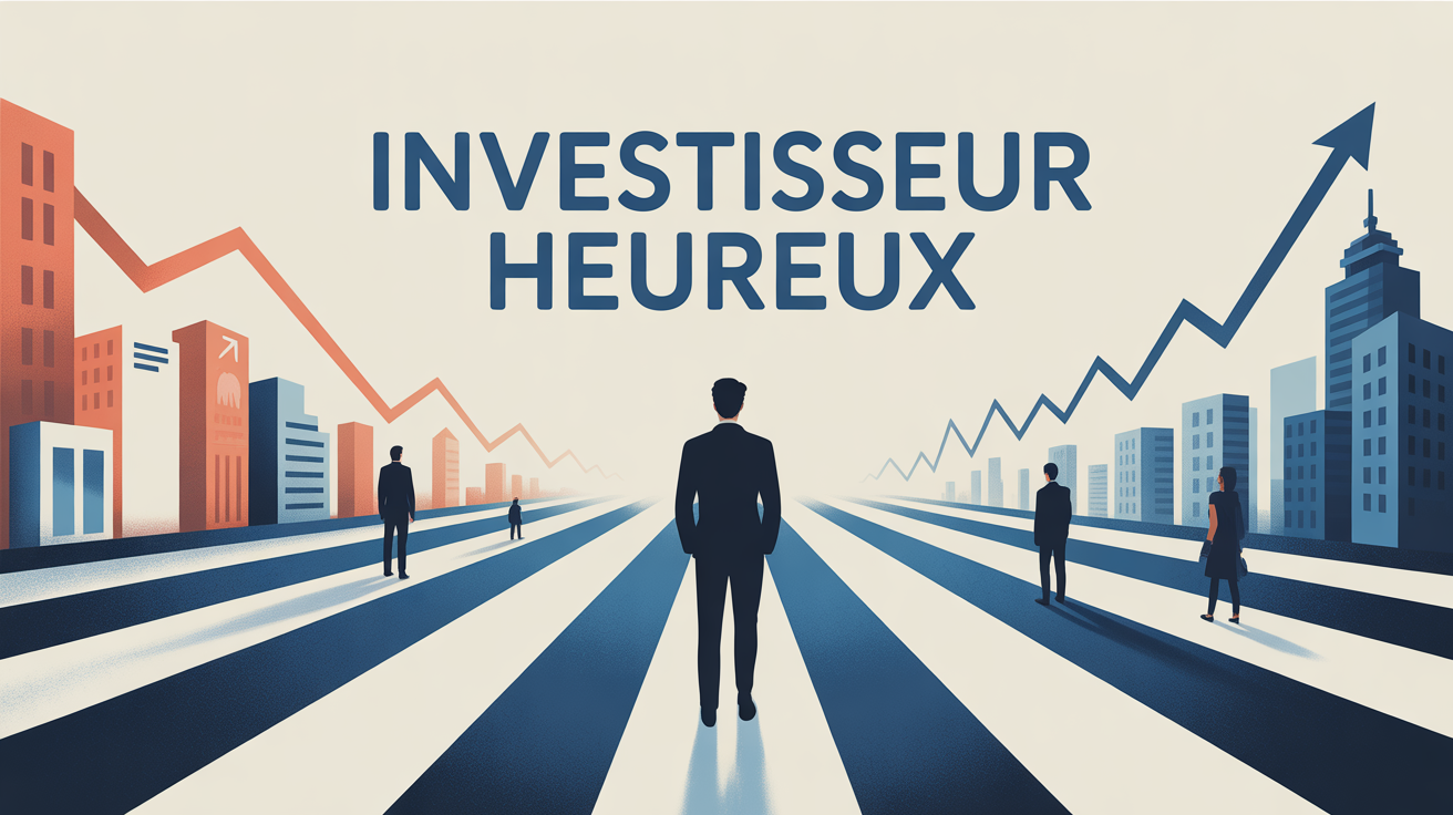 Illustration route independance financiere silhouettes immeubles graphiques investisseur heureux