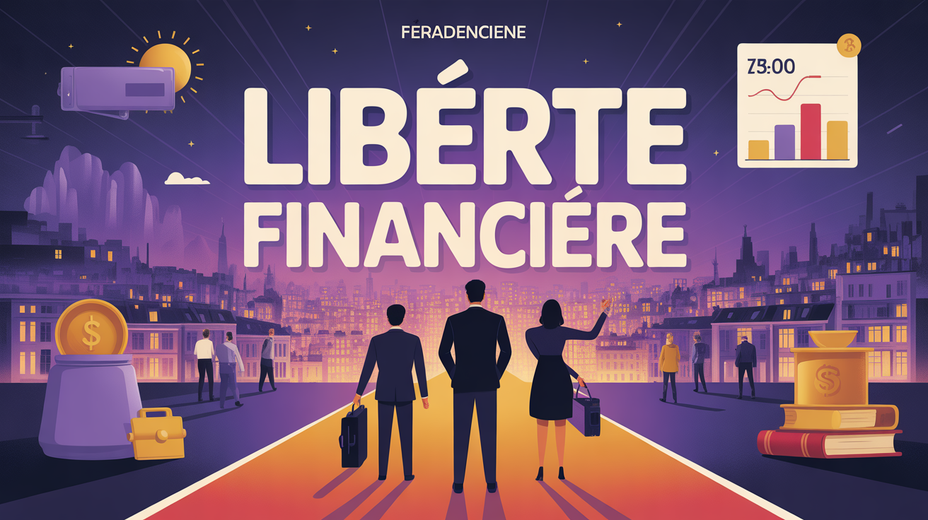 Personnages vers la ville lumineuse avec tirelire et tableau pour la liberte financiere