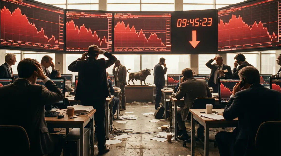 Investisseurs anxieux devant écrans de bourse en baisse variant Delta