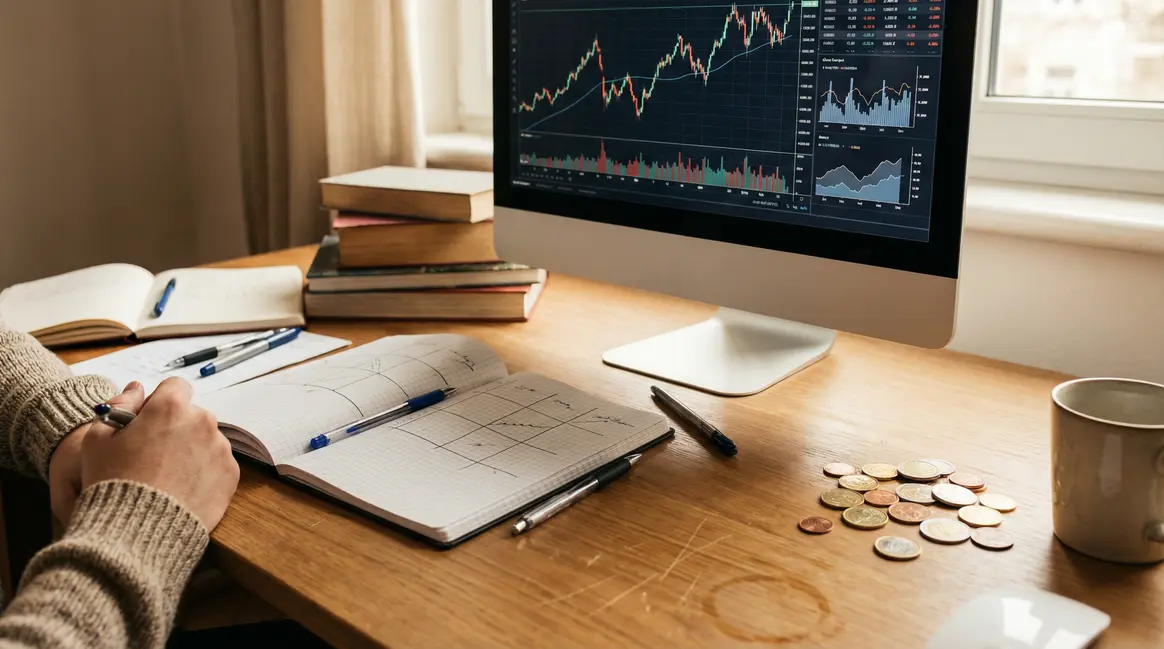 Bureau avec graphique bourse et pieces diversification