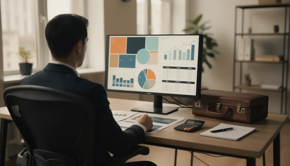 bureau moderne avec portefeuille diversifié et schémas financiers