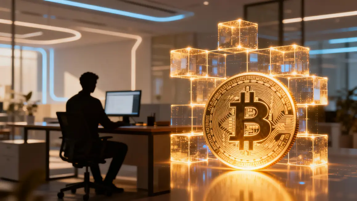 blockchain lumineuse piece numerique devant ordinateur