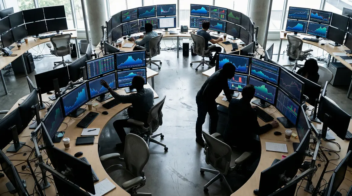 Vue panoramique d'une salle de trading avec écrans financiers