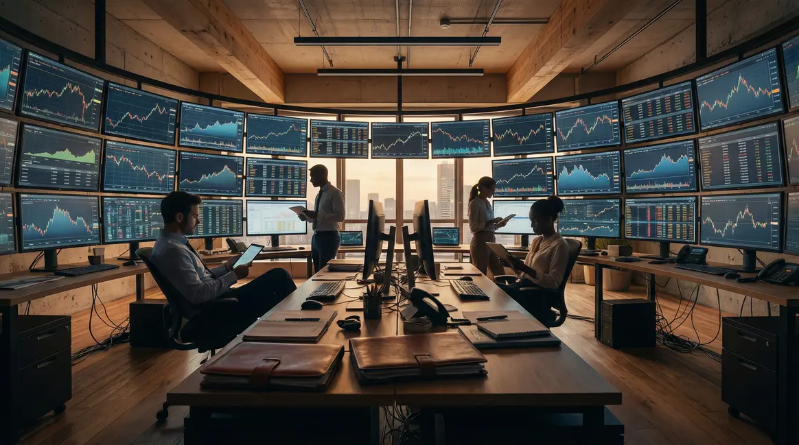 Salle high-tech gestion de portefeuille avec écrans financiers silhouettes et technologie