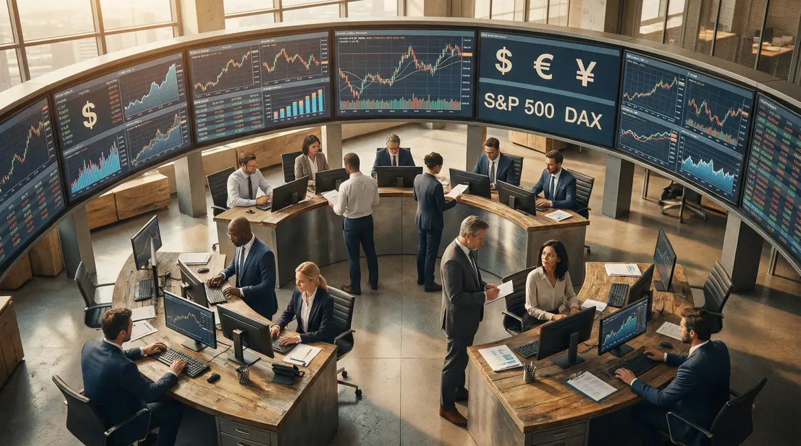 Salle de trading, écrans graphiques CFD, ambiance pro