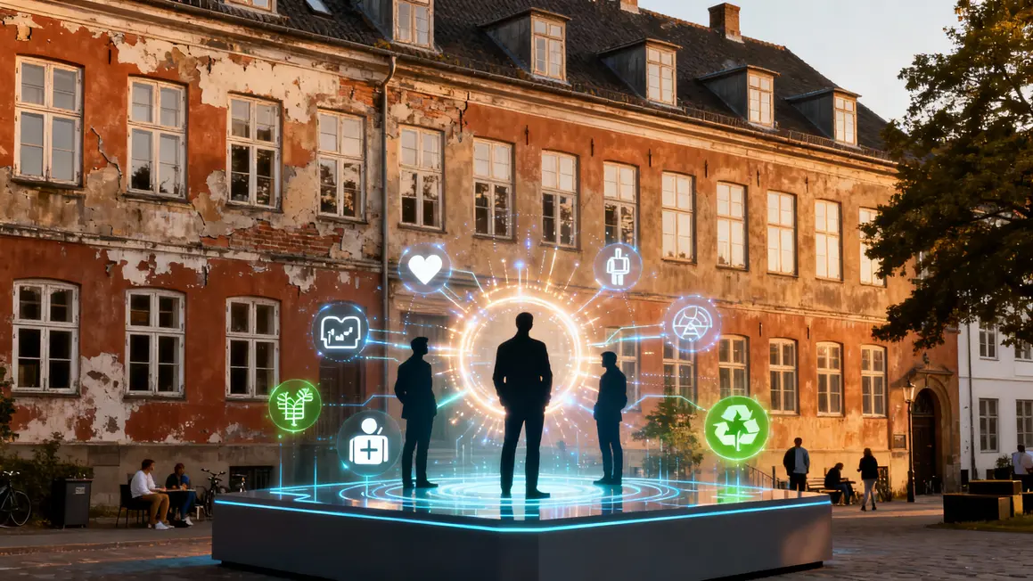 Bourse danoise, bâtiment historique superposé plateforme digitale, santé énergie Nasdaq Copenhagen