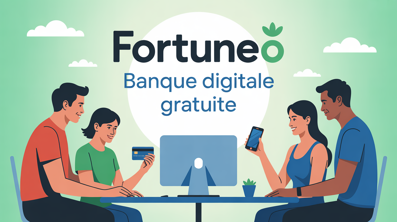 fortuneo banque en ligne illustration famille ordinateur