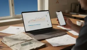 Bureau d'été avec ordinateur et suivi portefeuille boursier