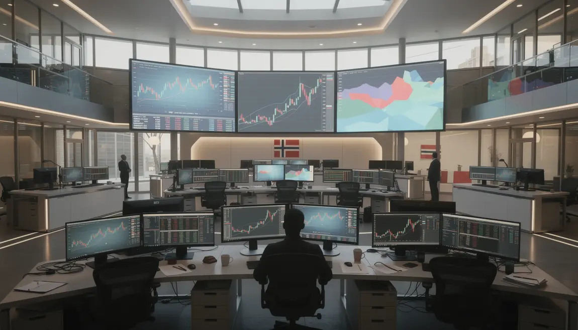 Salle de bourse Nasdaq Copenhagen, écrans graphiques, ambiance nordique technologique