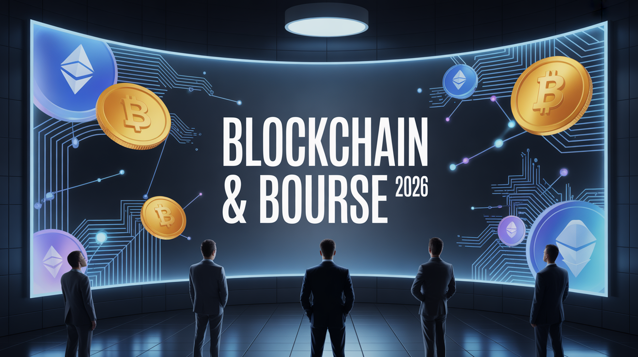 blockchain bourse écran graphique silhouettes