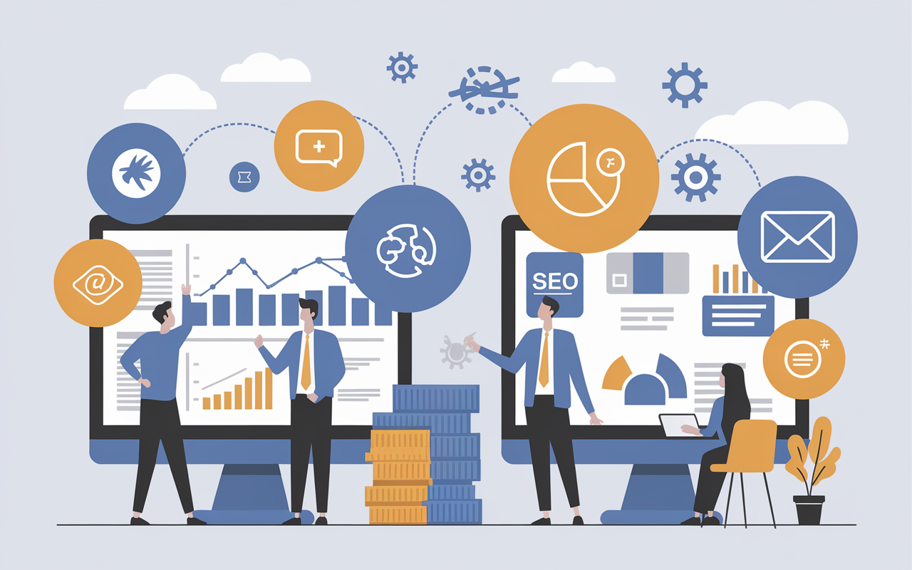 Illustration webmarketing equipe analytics