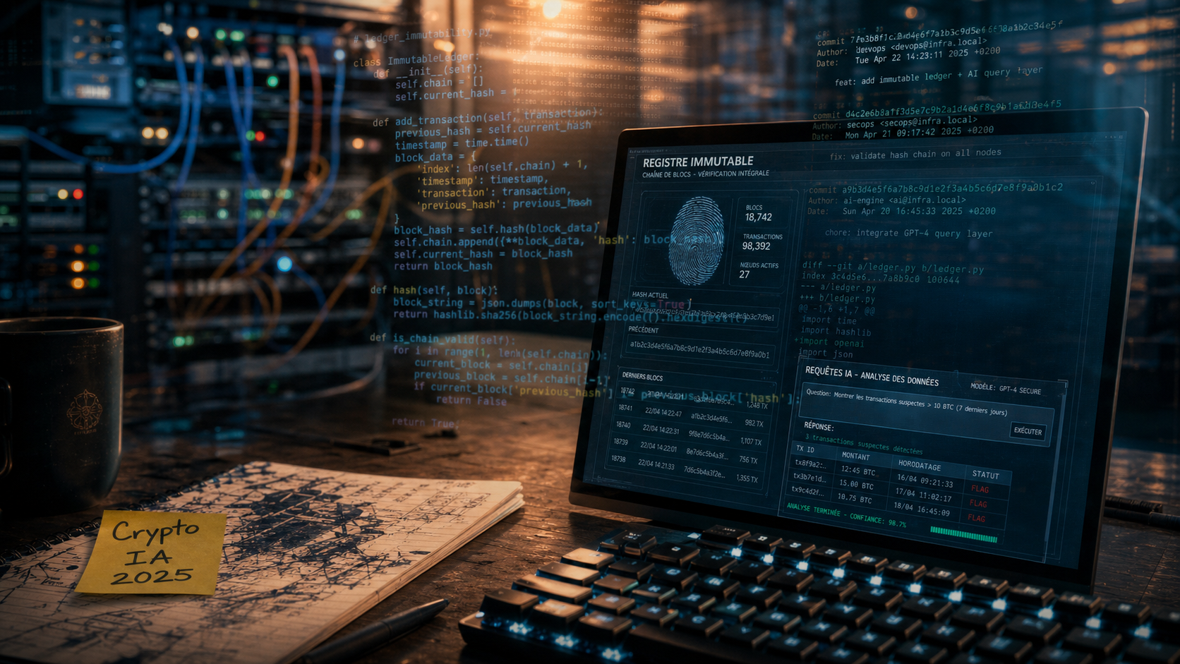 crypto ia 2025 : codes et registre immuable sur écran, serveurs en arrière-plan