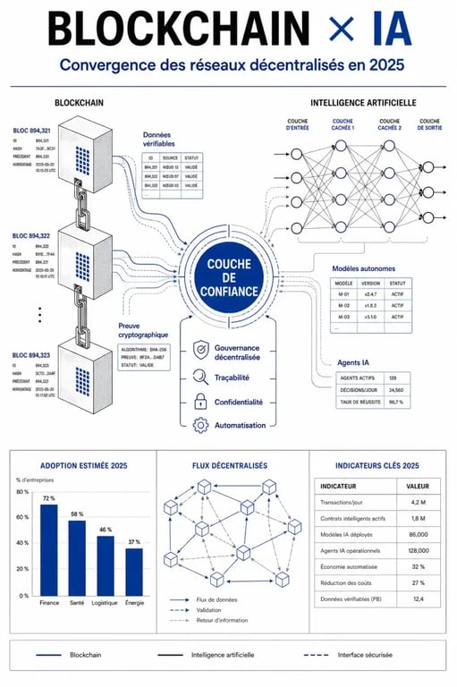 Infographie sur les tendances crypto IA 2025 et l'intégration de la blockchain dans l'intelligence artificielle