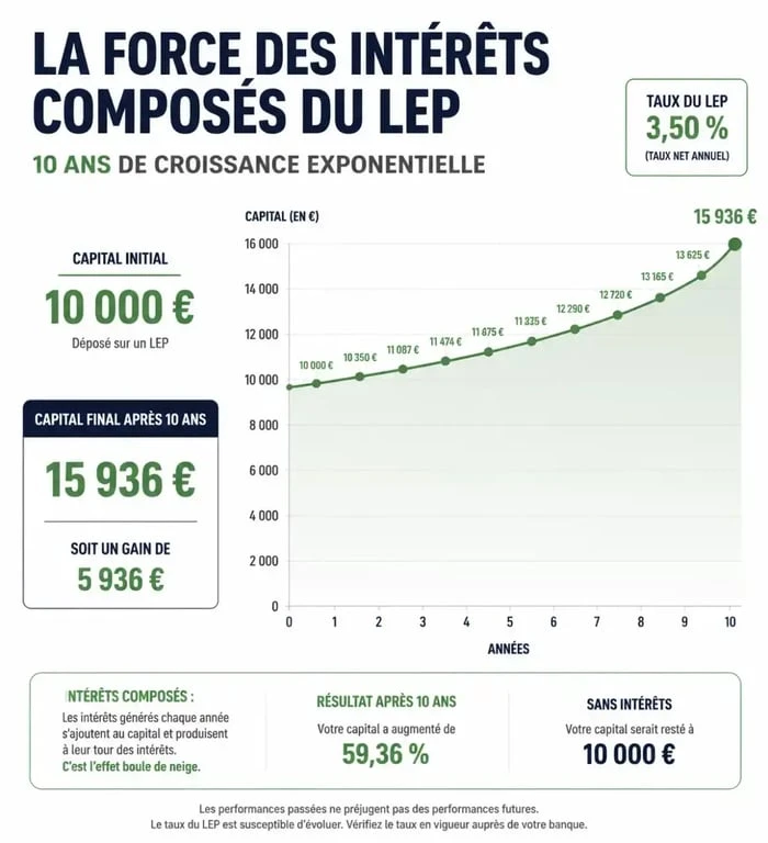 Graphique montrant l'évolution et le rendement d'un LEP plein sur 10 ans avec intérêts composés