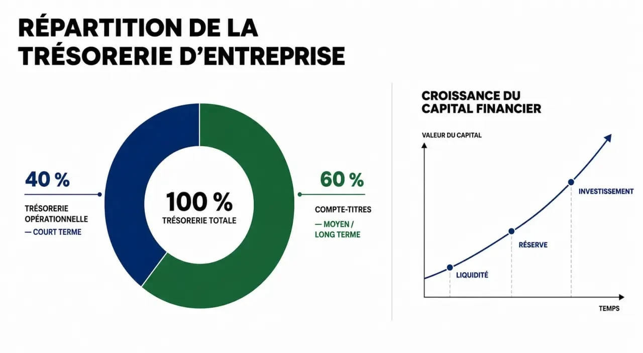 Schéma de répartition de la trésorerie d'entreprise avec compte-titres pour la croissance patrimoniale