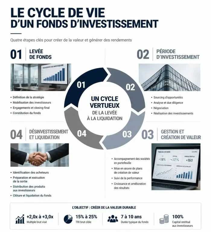 Infographie du cycle de vie d'un fonds d'investissement expliquant la gestion de fonds