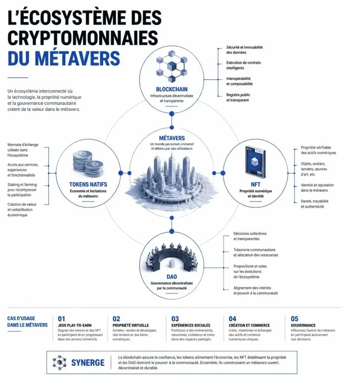 Infographie explicative sur le fonctionnement des cryptomonnaies du métavers et leur écosystème blockchain