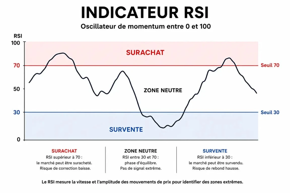 Schéma explicatif des zones de surachat et survente de l'indicateur RSI en bourse
