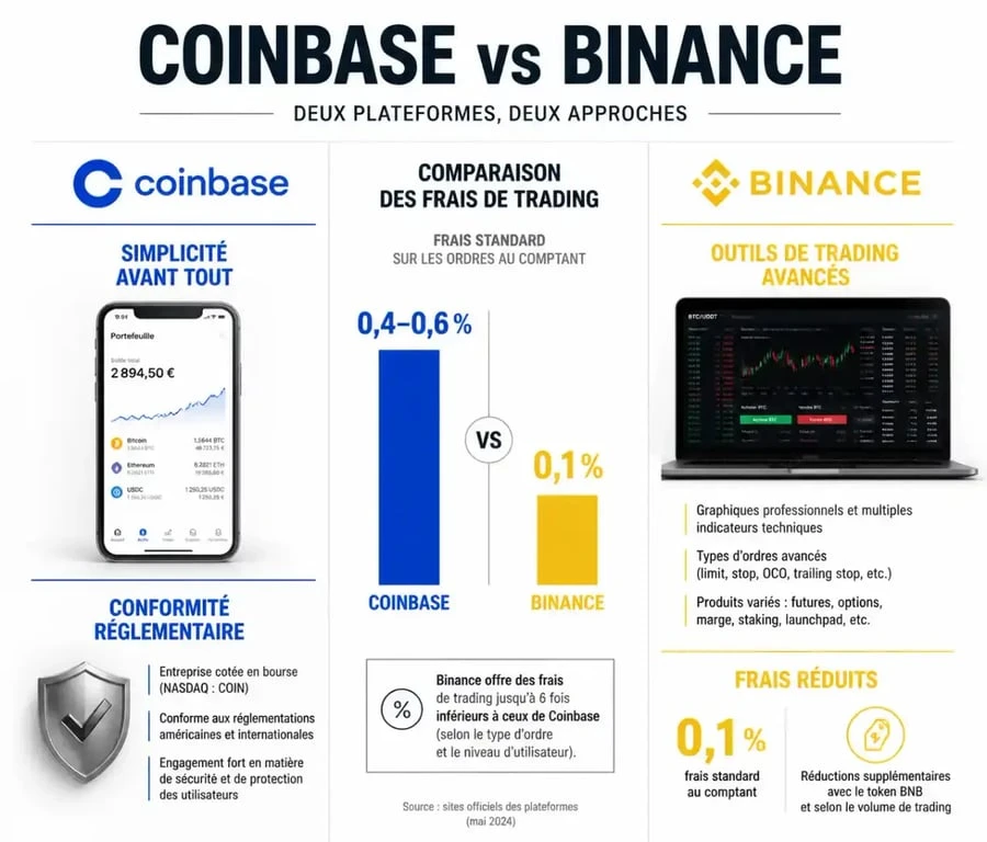 Infographie comparative des plateformes crypto Coinbase et Binance : frais, sécurité et profil utilisateur