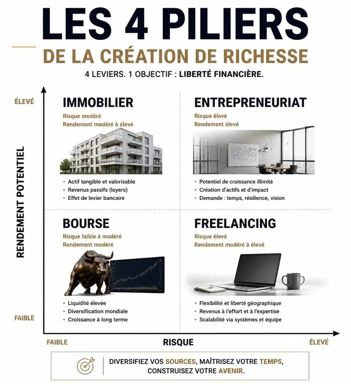 Infographie sur les méthodes pour gagner beaucoup d'argent : comparaison entre entrepreneuriat, immobilier, bourse et freelancing.