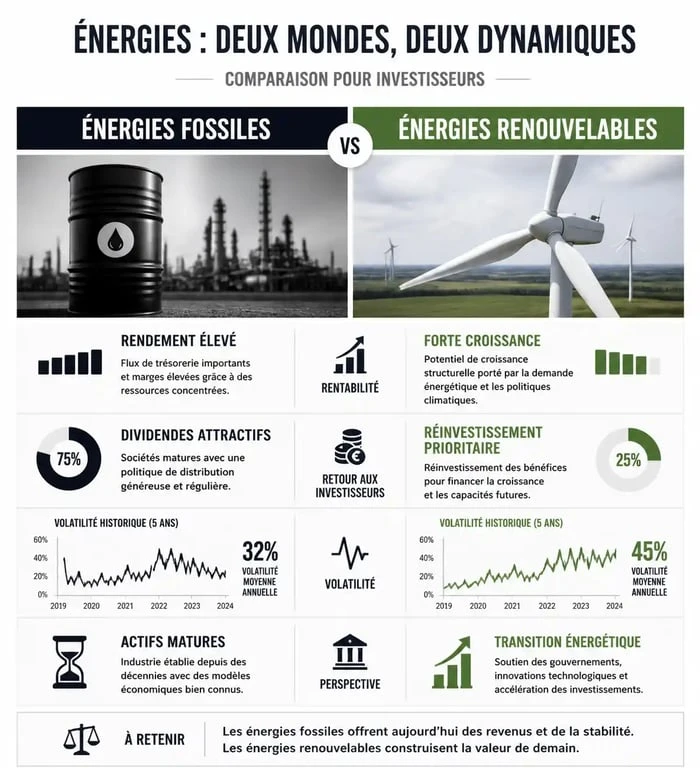 Comparatif ETF énergies fossiles vs énergies renouvelables : rendement, croissance et risques
