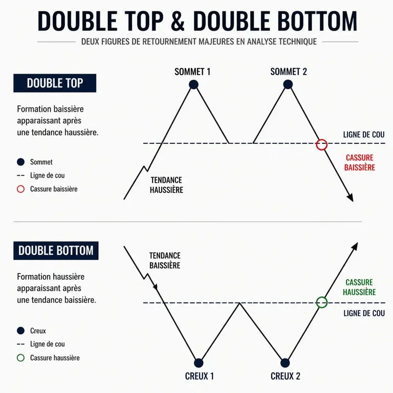 Schéma technique des figures chartistes double top et double bottom pour le trading