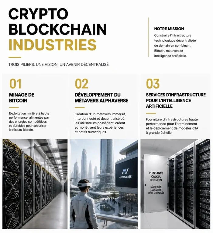 Infographie des piliers stratégiques de Crypto Blockchain Industries (CBI) : minage, AlphaVerse et IA