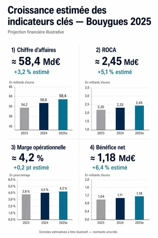 Prévisions financières 2025 pour l'action Bouygues : chiffres clés et croissance des indicateurs de performance.