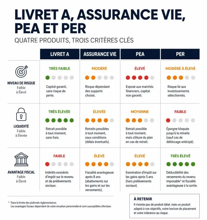 Infographie comparative des placements financiers à La Banque Postale : Livret A, Assurance Vie, PEA et PER