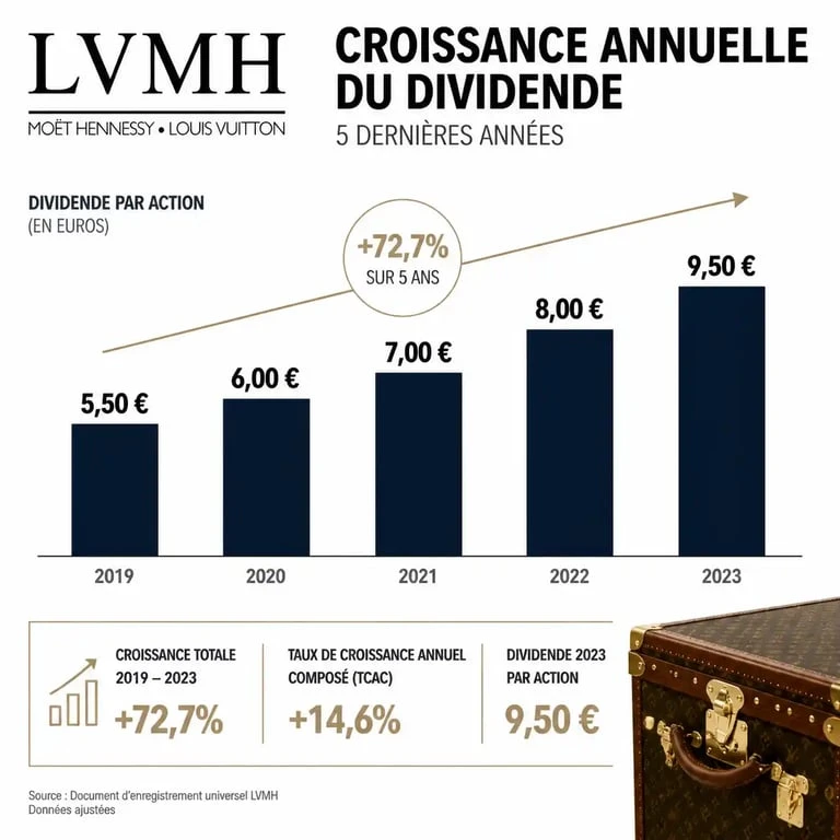 Graphique de l'évolution du dividende LVMH et rendement de l'action lvmh dividendenrendite