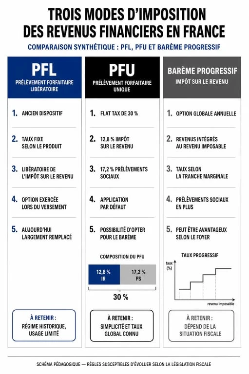 Comparatif fiscal : prélèvement forfaitaire libératoire ou imposition sur le revenu, choix entre PFL, PFU et barème progressif.