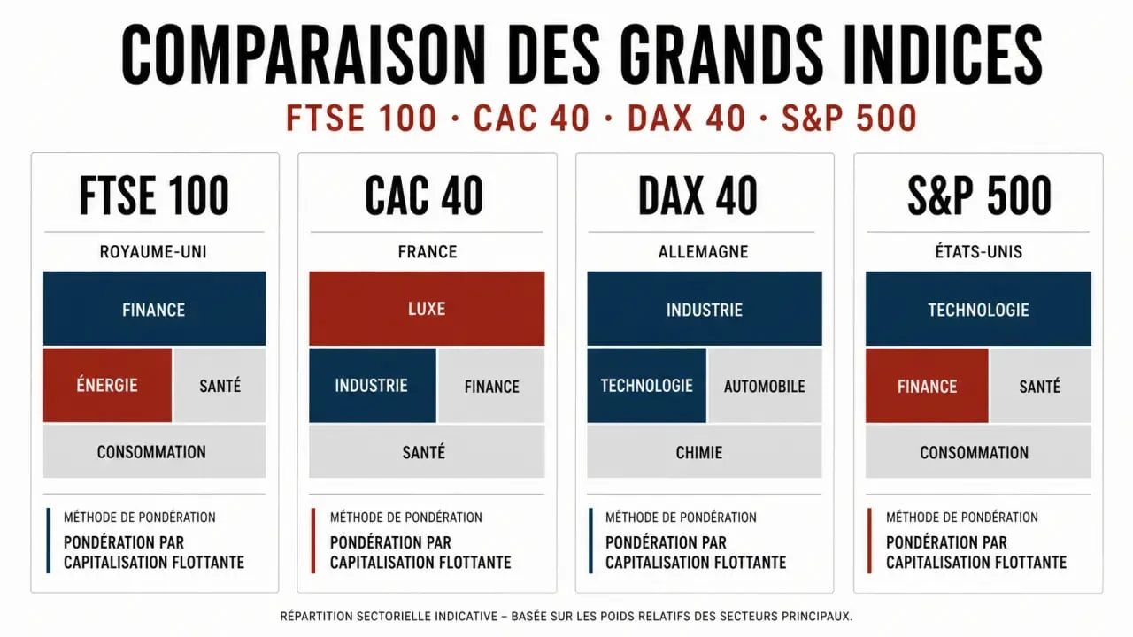 Comparaison des principaux indices boursiers internationaux incluant le FTSE 100