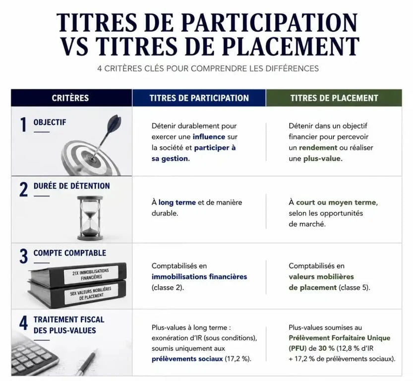 Infographie comparative entre titres de participation et titres de placement pour la gestion financière en entreprise