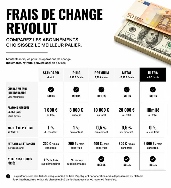Infographie comparative des frais de change Revolut selon les types d'abonnement