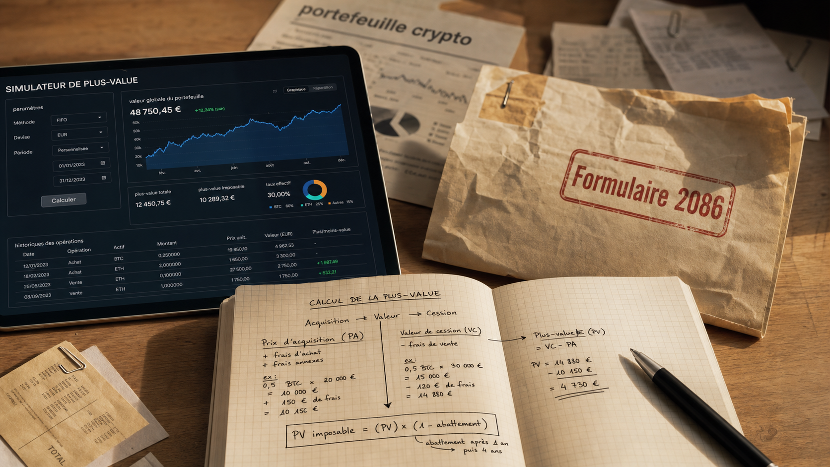 Calcul plue value crypto et formulaire 2086, simulateur sur tablette.