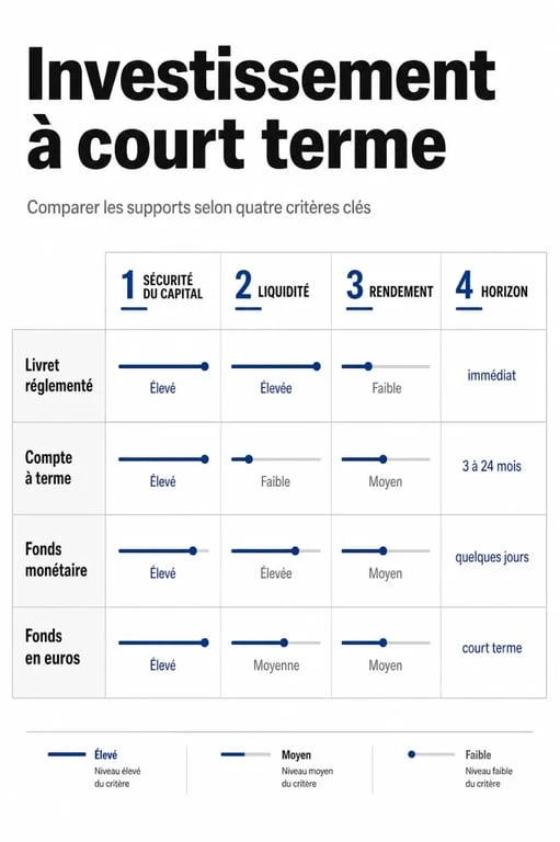 Investissement à court terme : illustration comparative des solutions de placement, avec critères de sécurité, liquidité et rendement