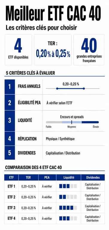 Infographie comparative du meilleur ETF CAC 40 avec frais, PEA, liquidité et dividendes
