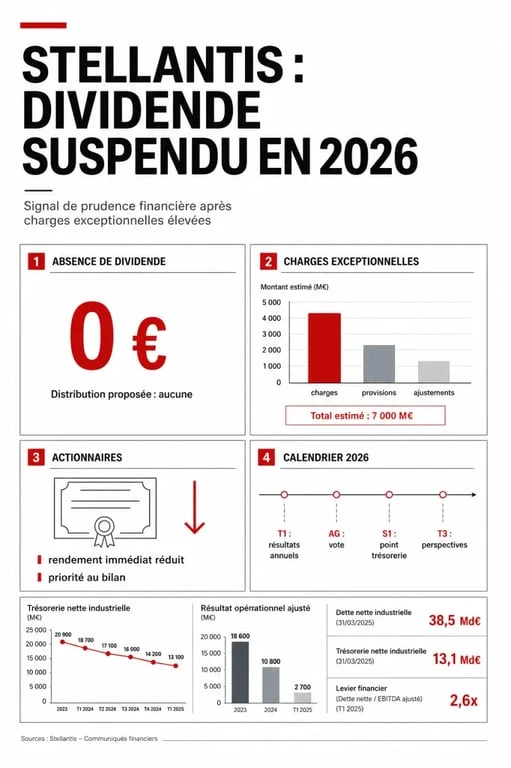 Dividende Stellantis 2026 : visuel éditorial sur la suspension du dividende, les charges exceptionnelles et les dates financières clés